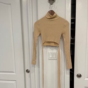 Beige Ribbed Turtleneck Crop Top